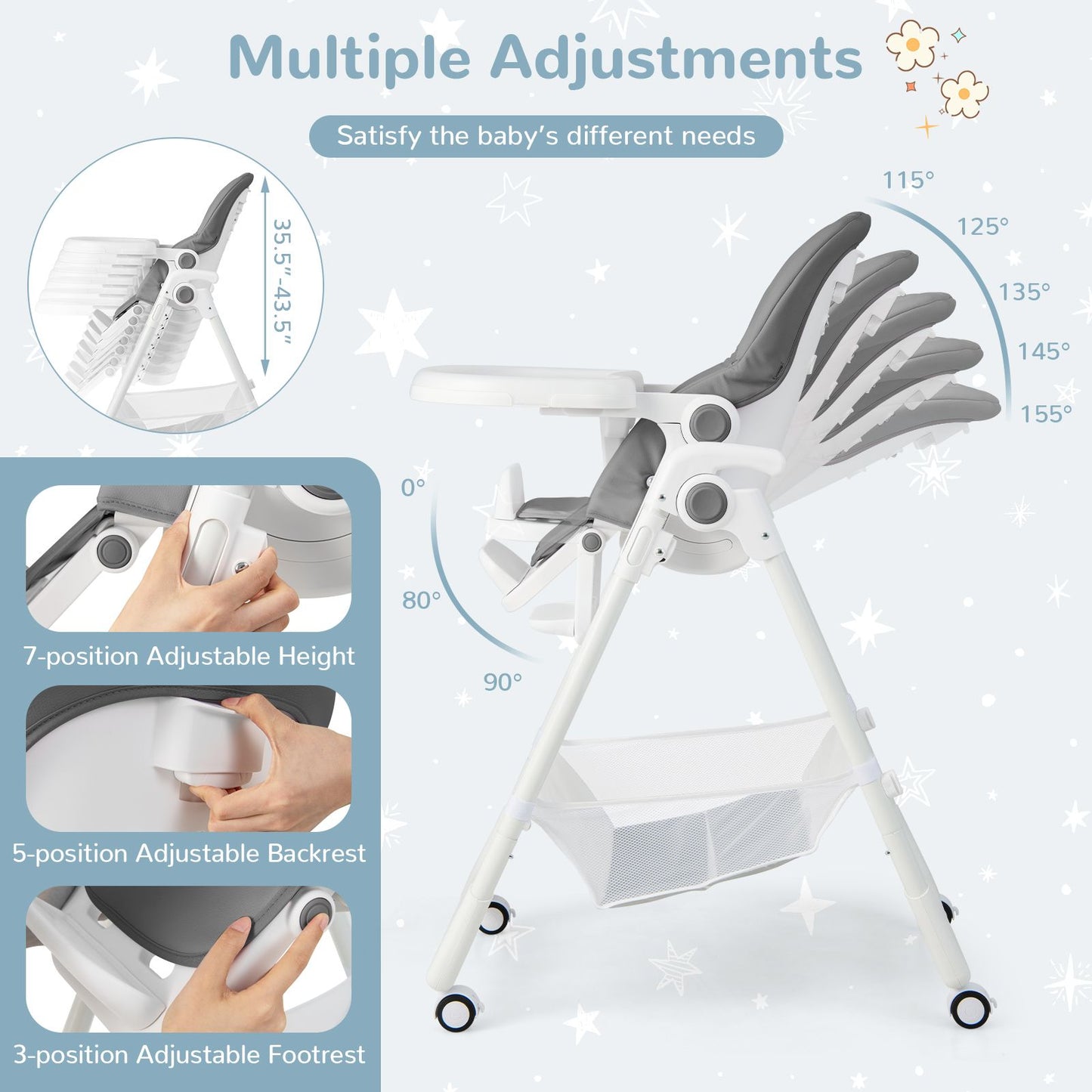 Baby Highchair with Safe, Adjustable and Folding Design