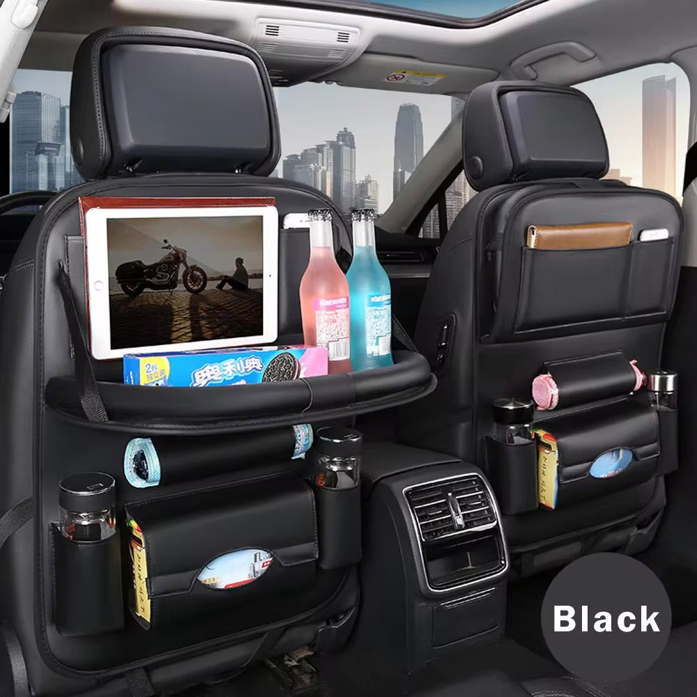 Car Seat Back Organizer PU Leather Auto Storage Bag with Foldable Table Tray Tablet Holder Tissue Box Pockets Cars Accessories