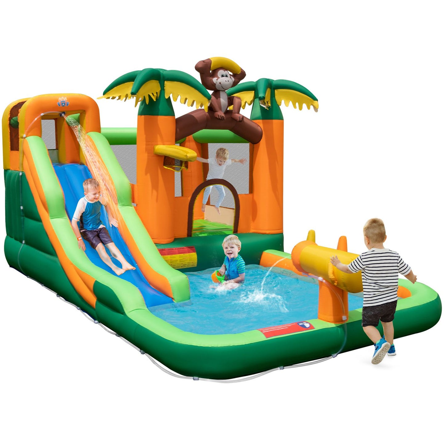 6-In-1 Monkey Themed Inflatable Water Slide Park with Slide and Splash Pool without Blower