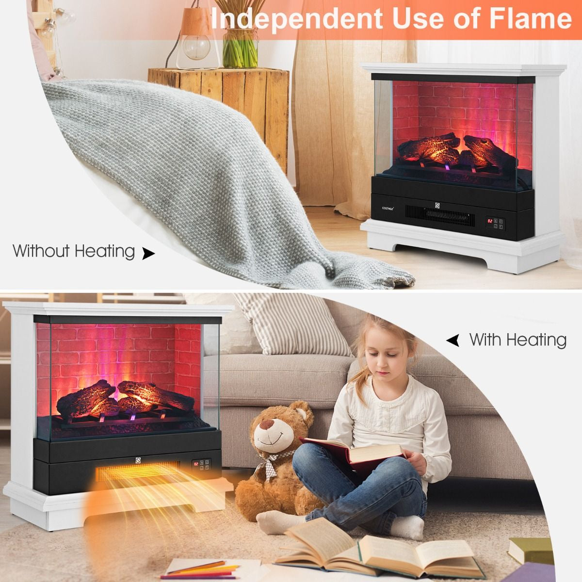 2000W Electric Fireplace Heater with 3-Level Vivid Flame