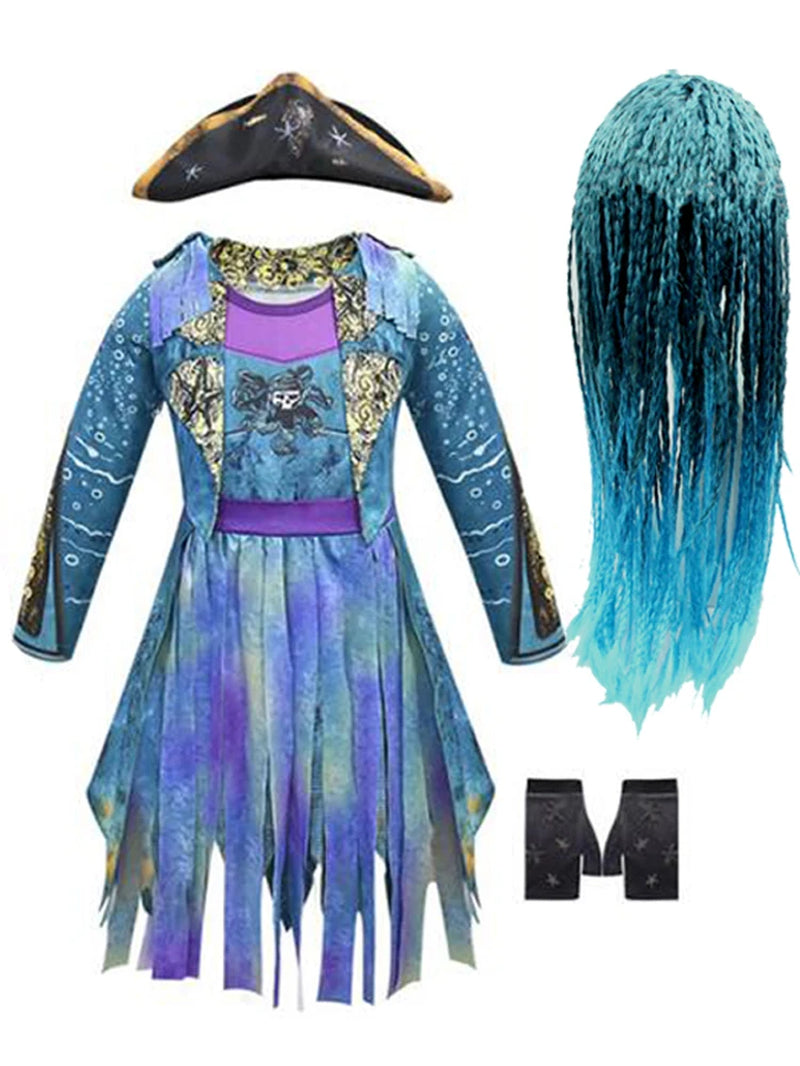 Descendants 3 Mal Bertha Maleficent Curls Live Evil Straight Blue Kids Girls Cosplay Cap Dress Halloween Costume for Kids Wig