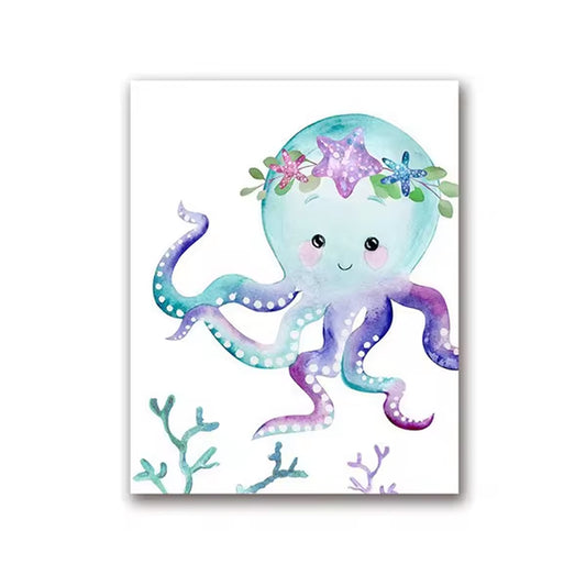 Mermaid Canvas Posters Nursery Wall Art Print Watercolor Sea Animals Starfish Turtle Octopus Painting Girls Room Wall Art Decor