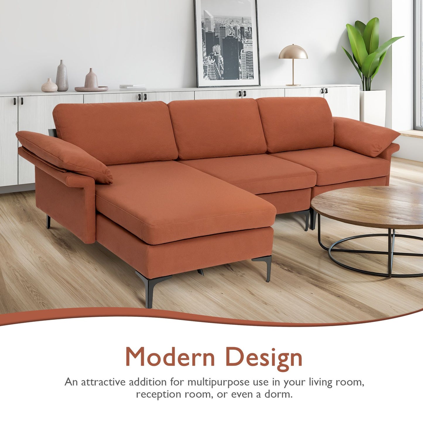 L-Shaped 3-Seat Upholstered Sectional Sofa