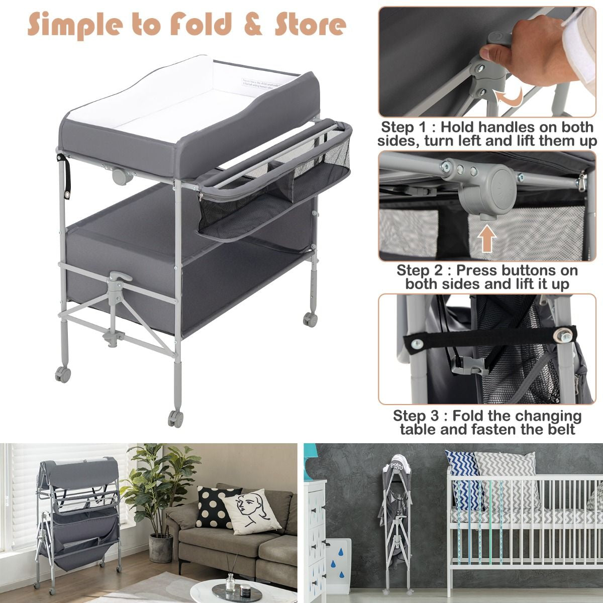 Folding Nursery Changing Table with Lockable Wheels and Storage Basket