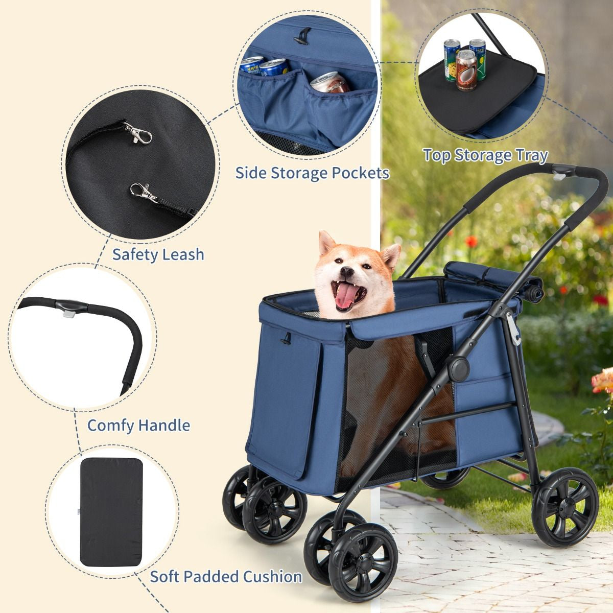 Folding Pet Stroller with Pockets and Skylight for Small Medium Pets