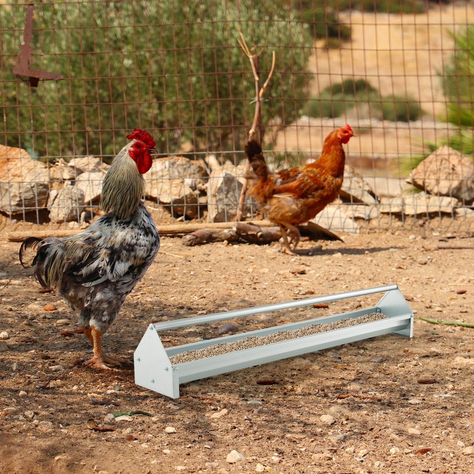 Steel Chicken Feeding Trough with Crossbar and Drainage Holes