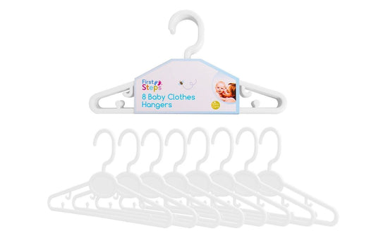 FIRST STEPS BABY CLOTHES HANGERS 8/PK WHITE BABY TODDLER KIDS X3