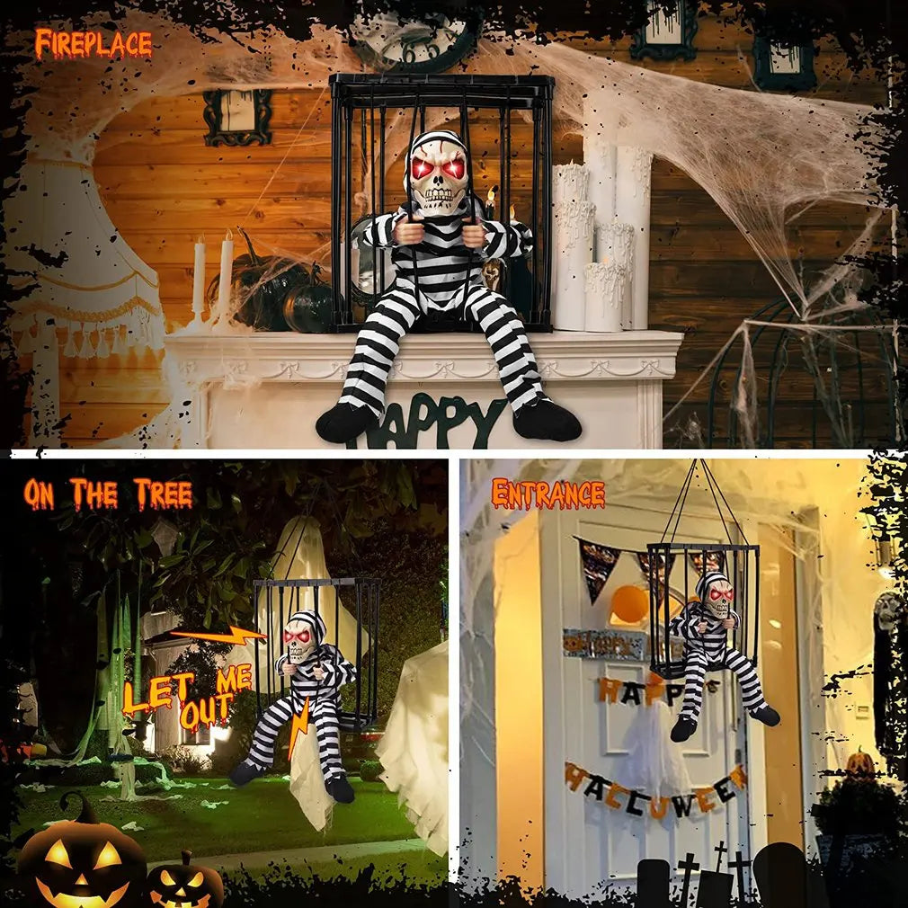 Halloween Decoration Scary Talking Skeleton Prisoner Animatronic Prank with Light Sound Home Motion Light Sensor Halloween Props