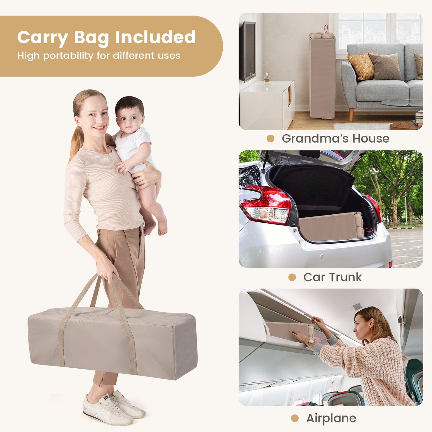 3-In-1 Multifunctional Foldable Baby Bassinet with Carry Bag and Wheels