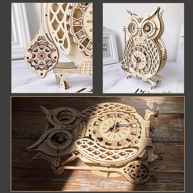 3D DIY Wooden Puzzle Jigsaw Owl Pendulum Vintage Clock Model Block Kits Creative Assembled Toy Gift for Adults Children Teens