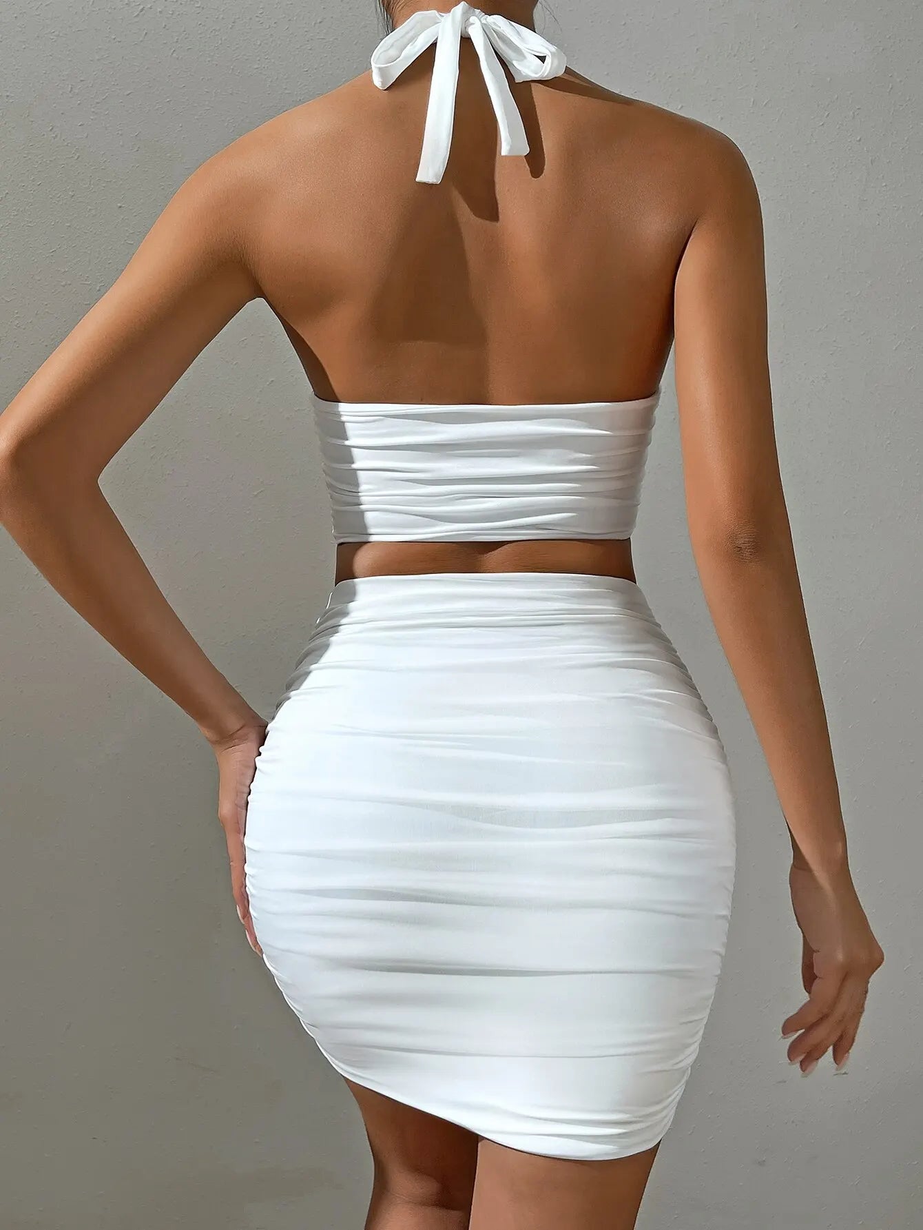 Women White Sexy Halter Neck Sleeveless Backless Two Piece Set Strapless Pleated Slim Bodycon Evening Dresses