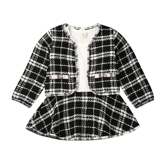 1-7Y Kids Girls Autumn Clothes Sets Baby Plaid Jacket Coat Tops + Long Sleeve A-Line Dress Children Party Dresses Outfits