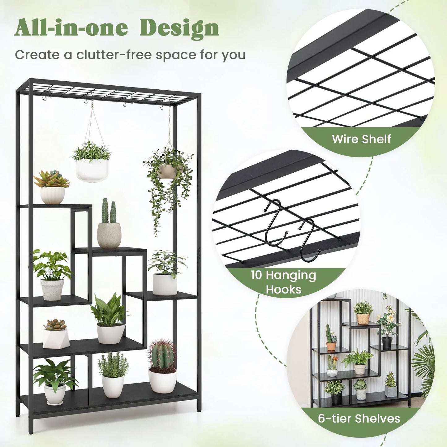 6-Tier Tall Plant Stand with 10 Hanging Hooks and Wire Shelf for Multiple Plants