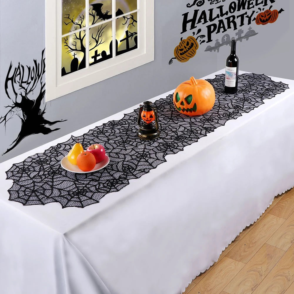 Halloween Lace Spider Web Table Runner Tablecloth Halloween Black Fireplace Mantel Cover for Home Party Halloween Decoration