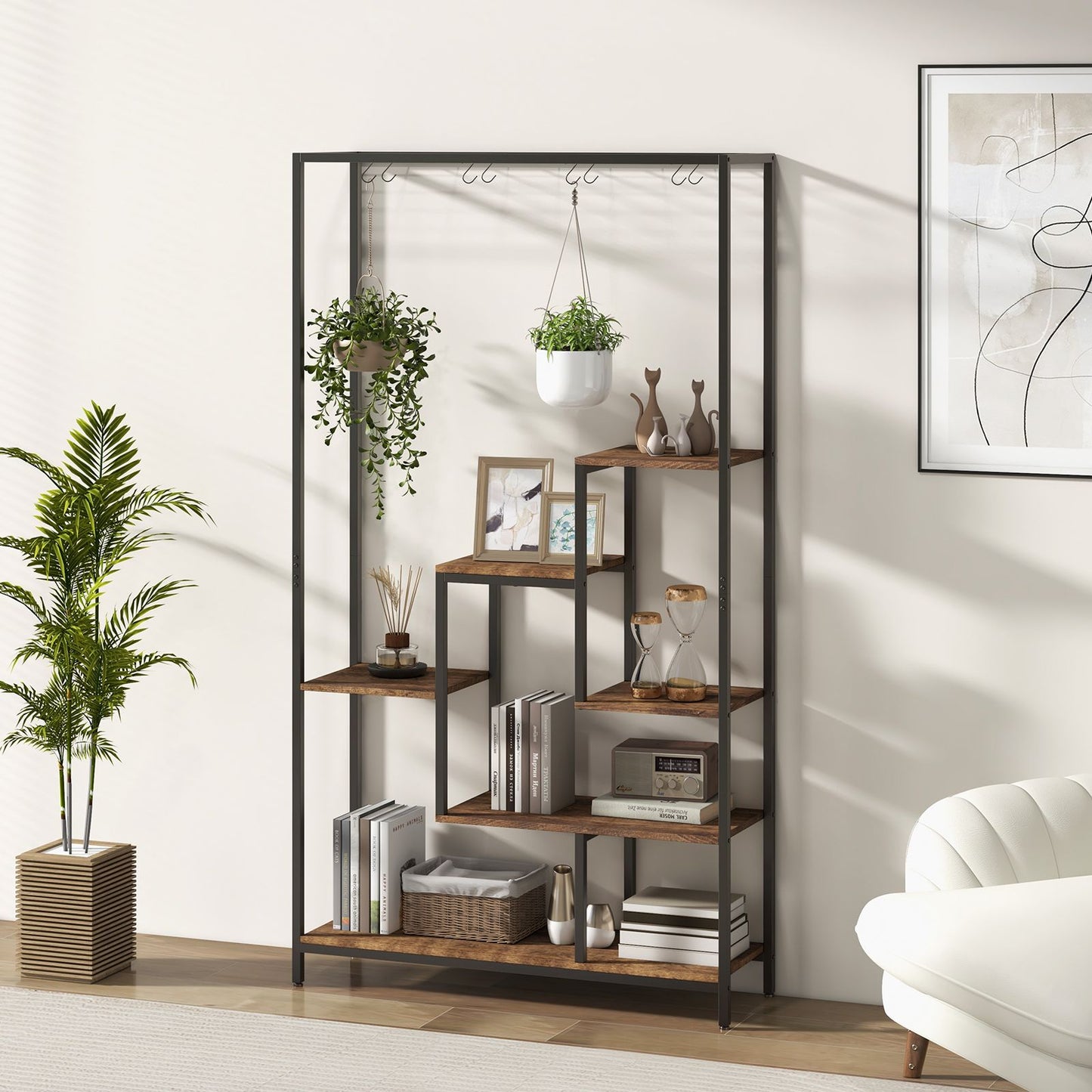 6-Tier Tall Plant Stand with 10 Hanging Hooks and Wire Shelf for Multiple Plants