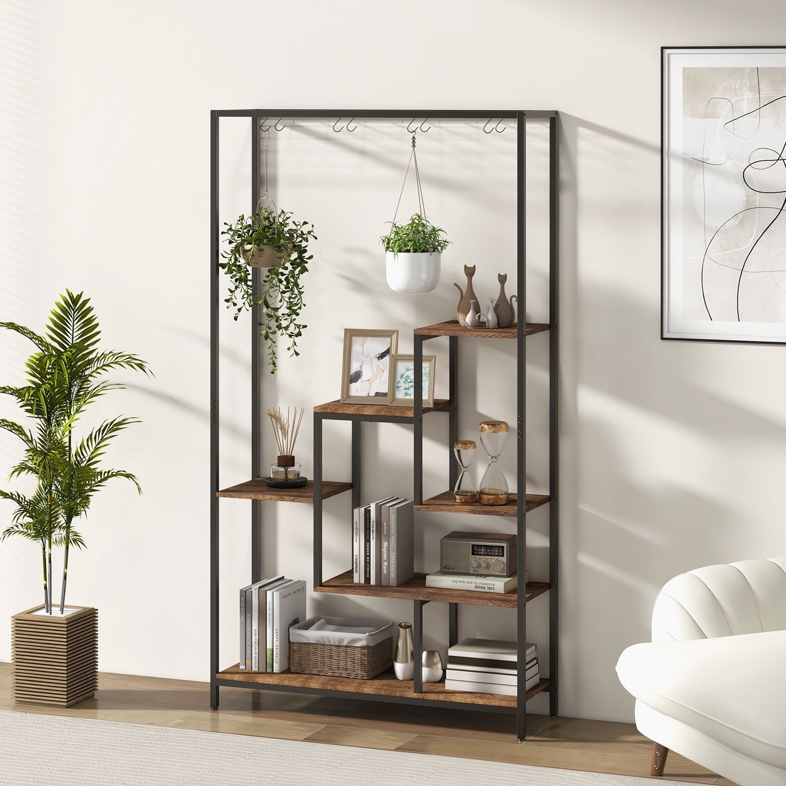 6-Tier Tall Plant Stand with 10 Hanging Hooks and Wire Shelf for Multiple Plants