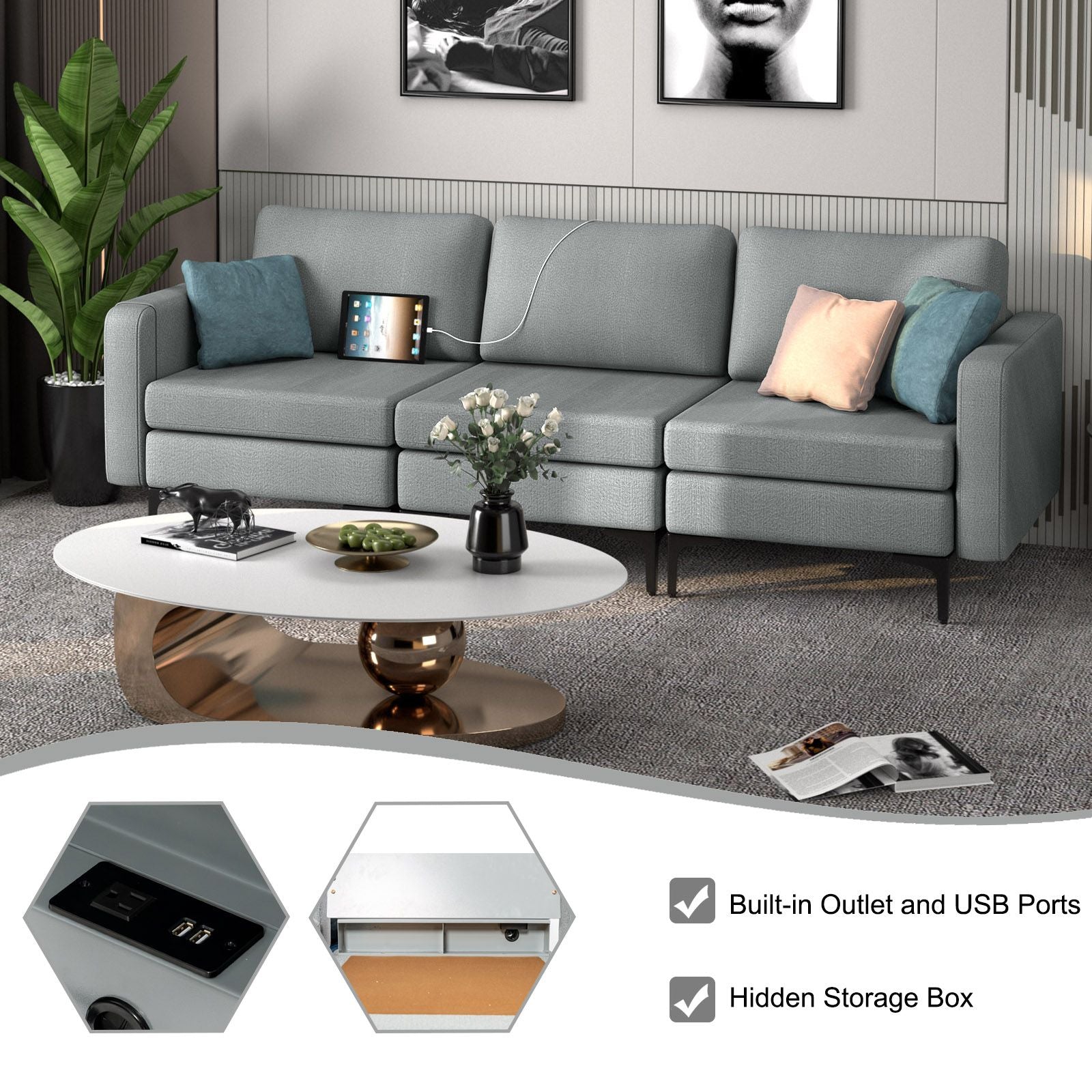 3-Seat Sofa with Magazine Caddy Holder, Socket and USB Charging Ports