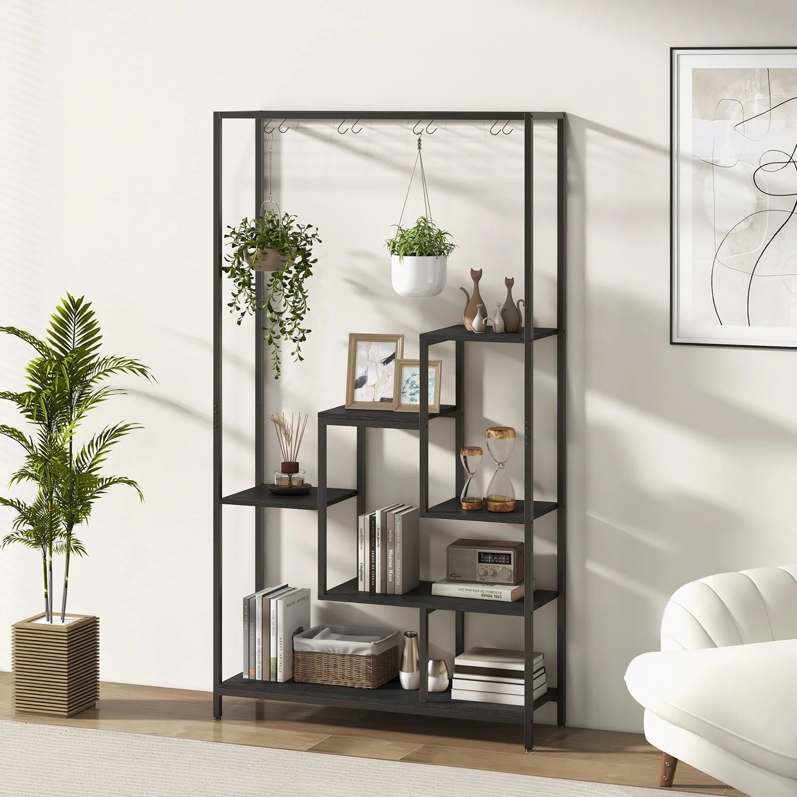 6-Tier Tall Plant Stand with 10 Hanging Hooks and Wire Shelf for Multiple Plants