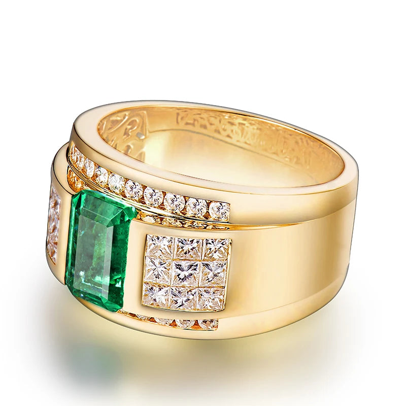 Luxury Natural Colombia Emerald Wedding Men Rings Real 14K Yellow Gold Princess Diamond Engagement Jewels Ring for Husband