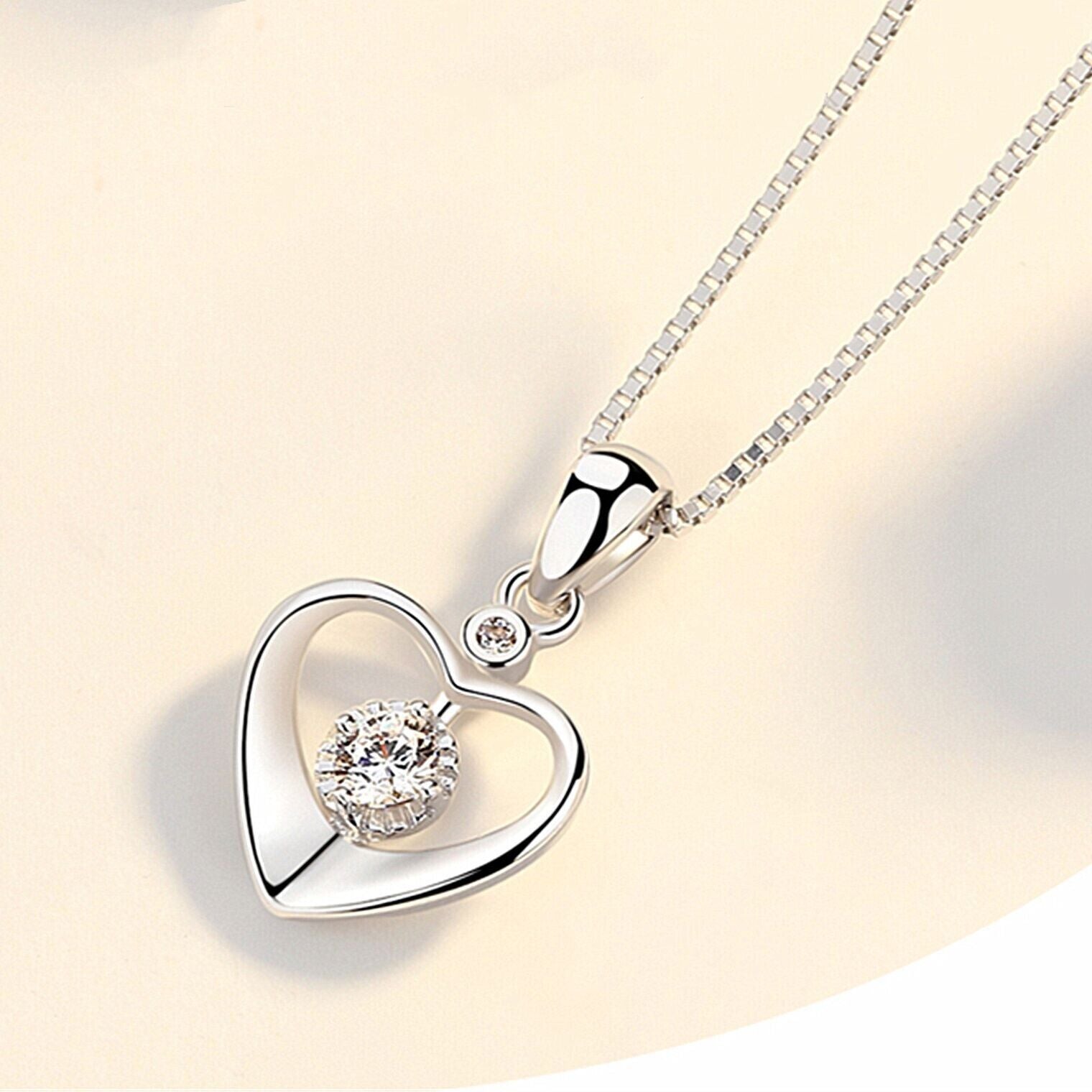 925 Sterling Silver Crystal Love Heart Pendant Necklace Women Jewellery Gift UK