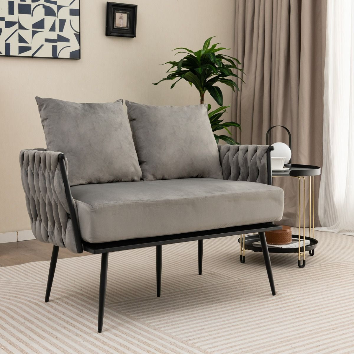 Modern Loveseat Sofa with Woven Back and Arms