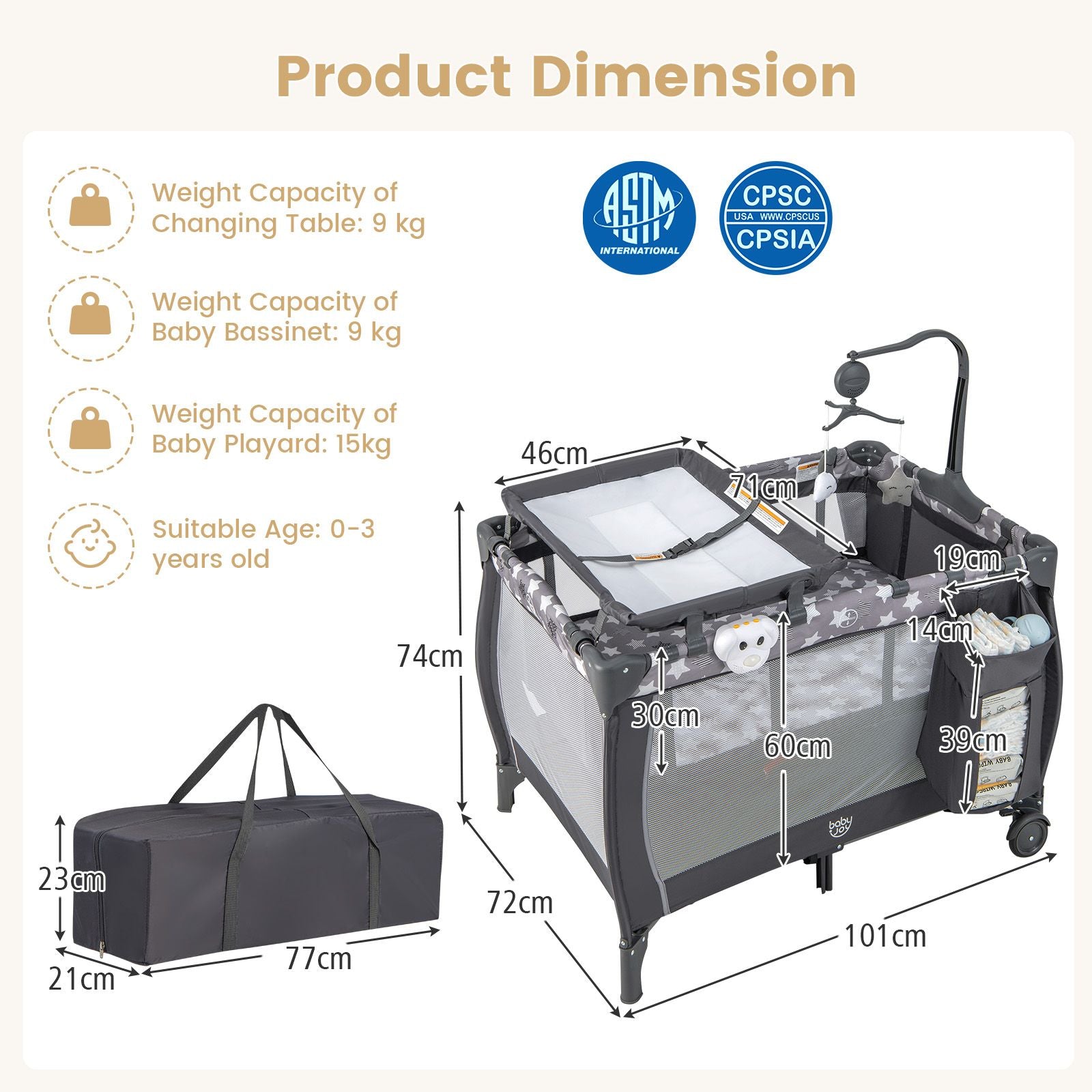 3-In-1 Multifunctional Foldable Baby Bassinet with Carry Bag and Wheels