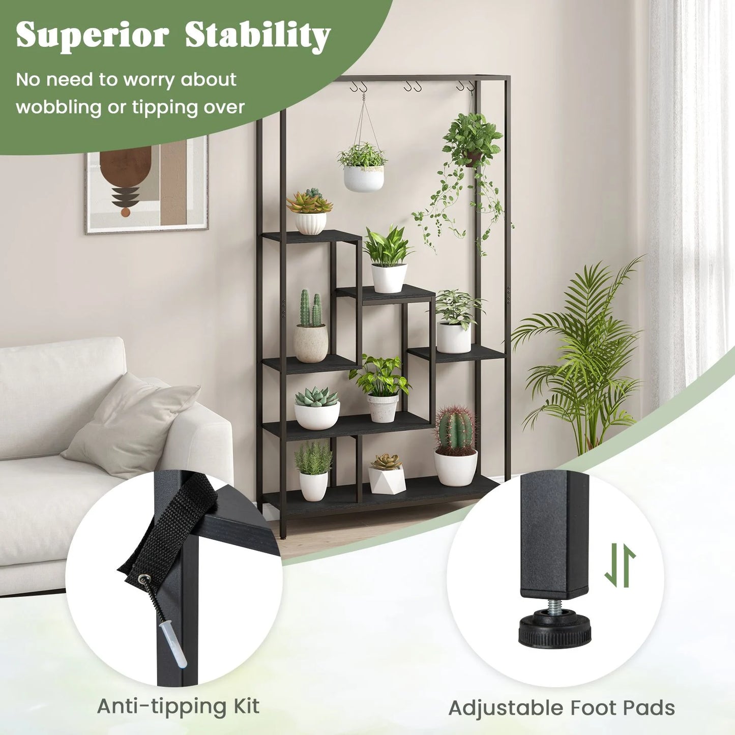 6-Tier Tall Plant Stand with 10 Hanging Hooks and Wire Shelf for Multiple Plants