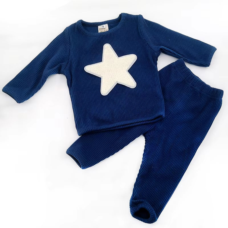 2Pcs Set Baby Clothes Long Top/Pant Children Fall Outfits Star Kid Clothes Ribbed Cotton Long Sleeves Girl Boys Clothing