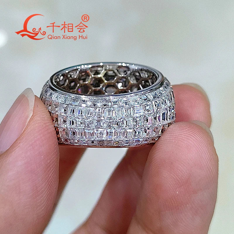 10K 14K 18K Real White Gold Borderless Tessellation Rectangle Invisible Setting Full Moissanite Ring Men Women Male Wedding