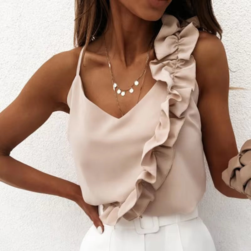 Women Summer Blouse Shirts Sexy V Neck Ruffle Blouses Backless Spaghetti Strap Office Ladies Sleeveless Casual Tops