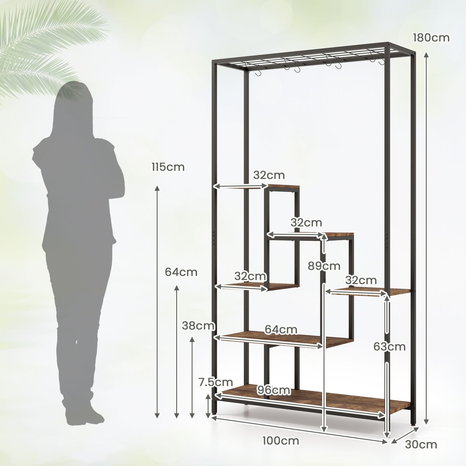 6-Tier Tall Plant Stand with 10 Hanging Hooks and Wire Shelf for Multiple Plants