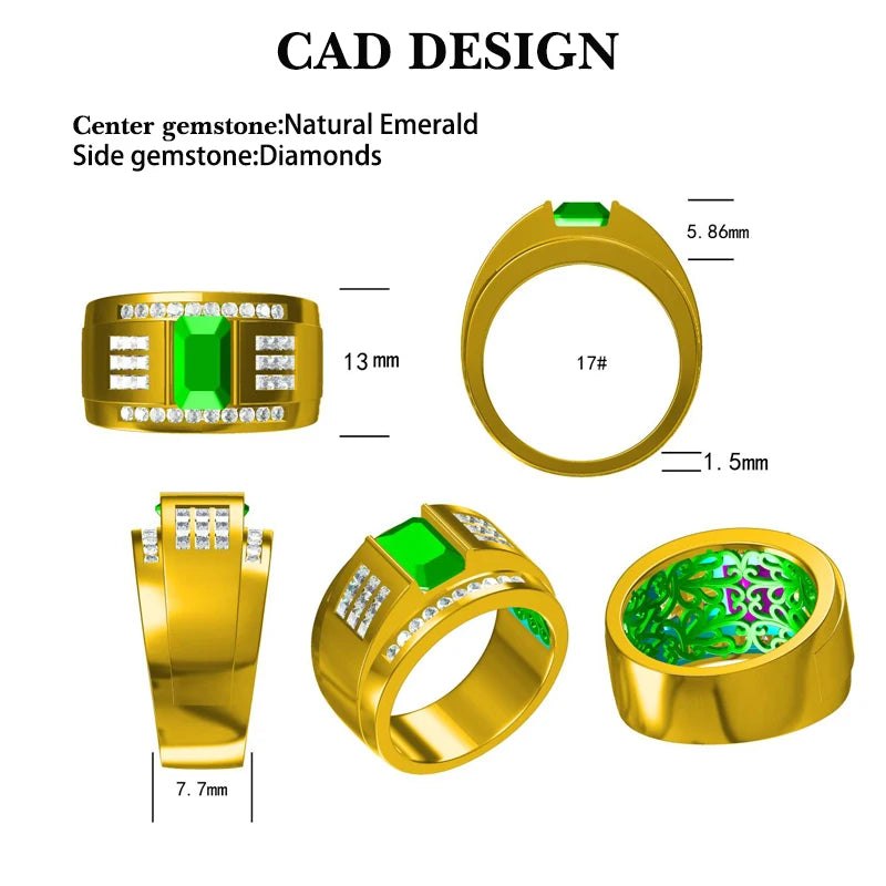 Luxury Natural Colombia Emerald Wedding Men Rings Real 14K Yellow Gold Princess Diamond Engagement Jewels Ring for Husband