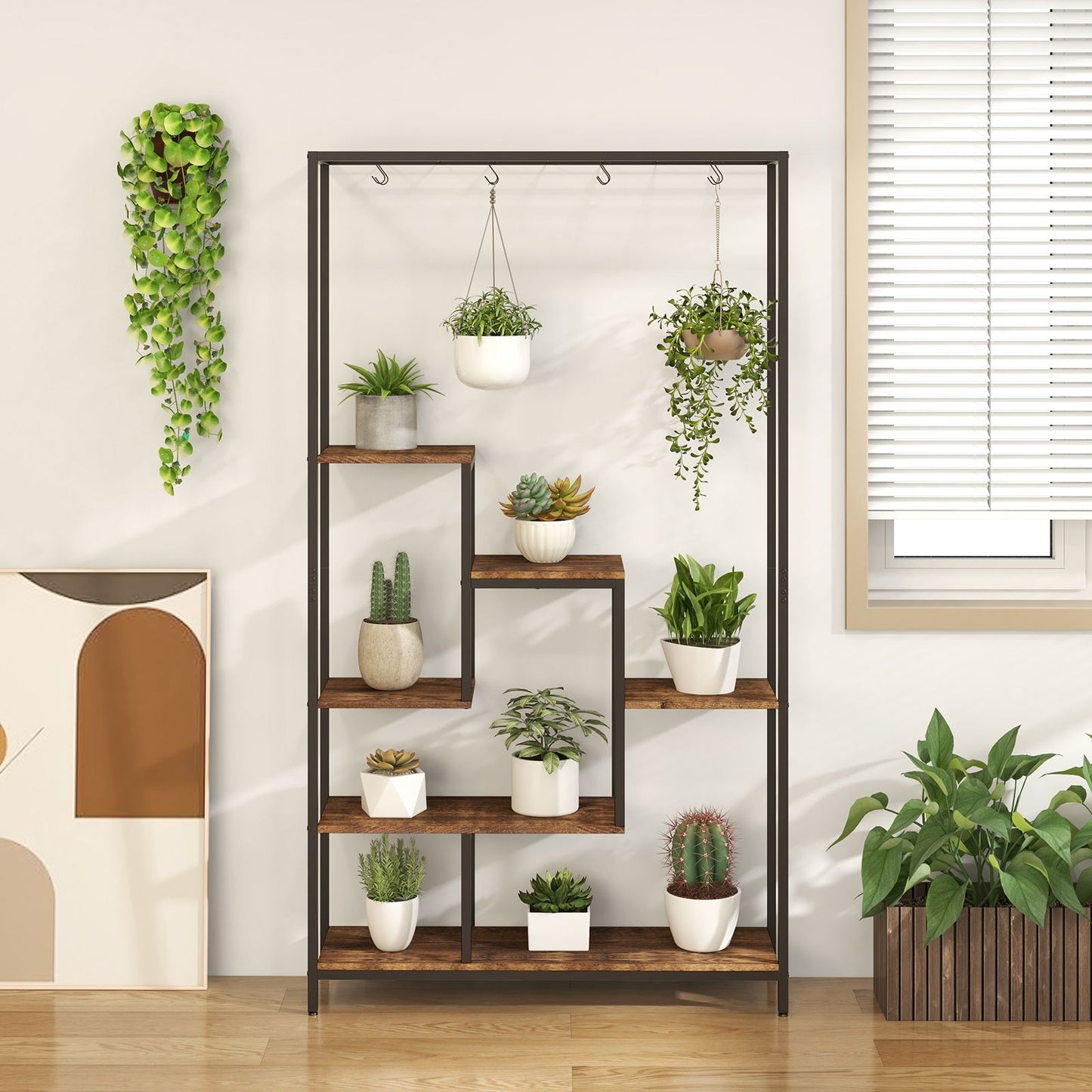 6-Tier Tall Plant Stand with 10 Hanging Hooks and Wire Shelf for Multiple Plants