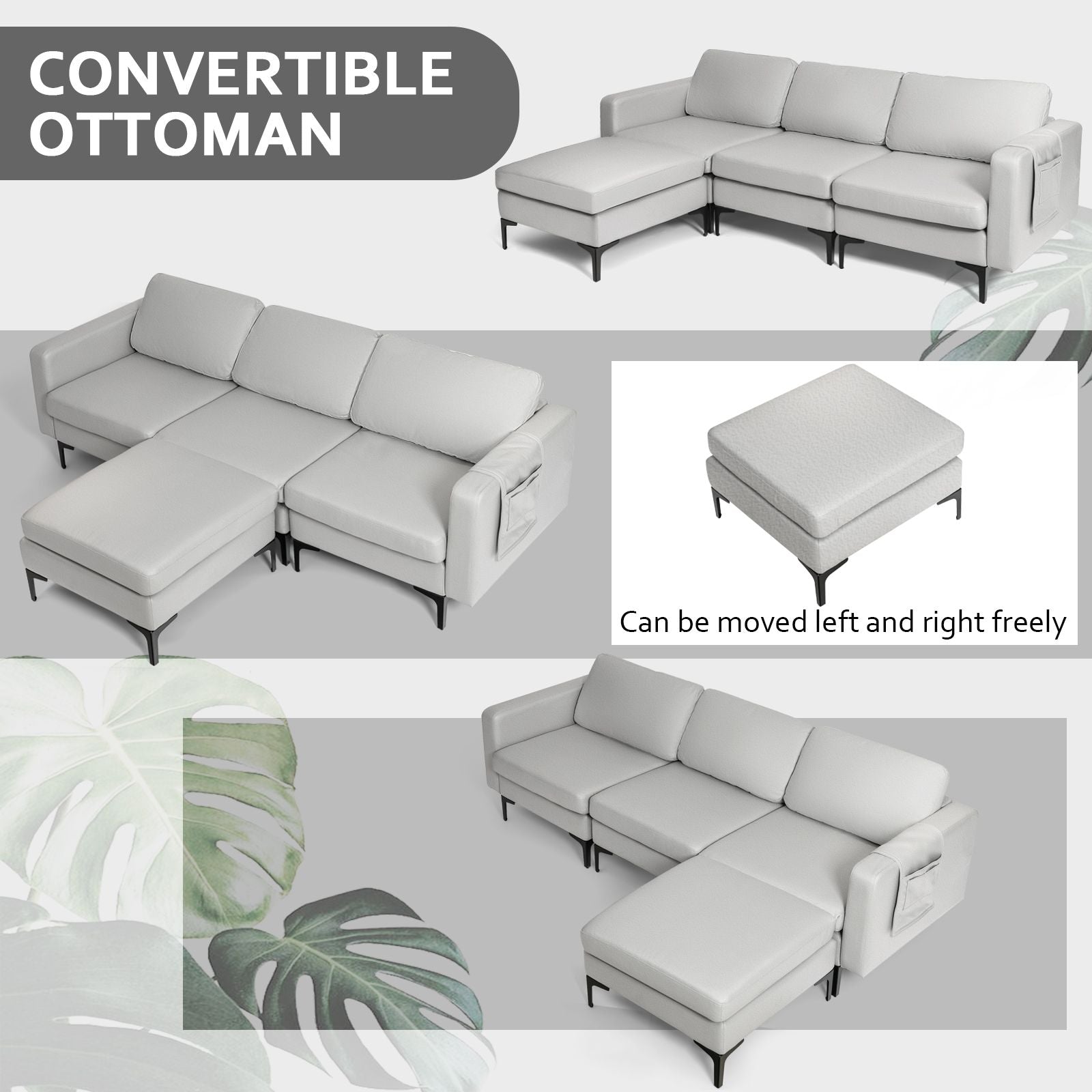 Modular L-Shaped Sofa with Chaise, Reversible Ottoman, Built-In Socket