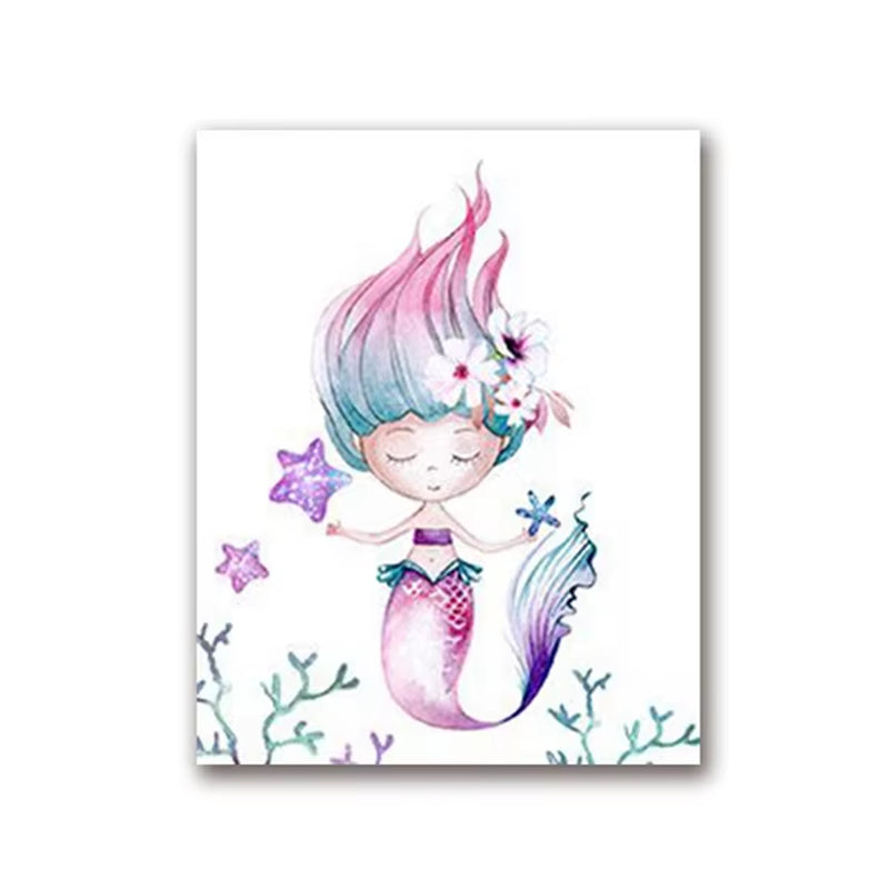 Mermaid Canvas Posters Nursery Wall Art Print Watercolor Sea Animals Starfish Turtle Octopus Painting Girls Room Wall Art Decor