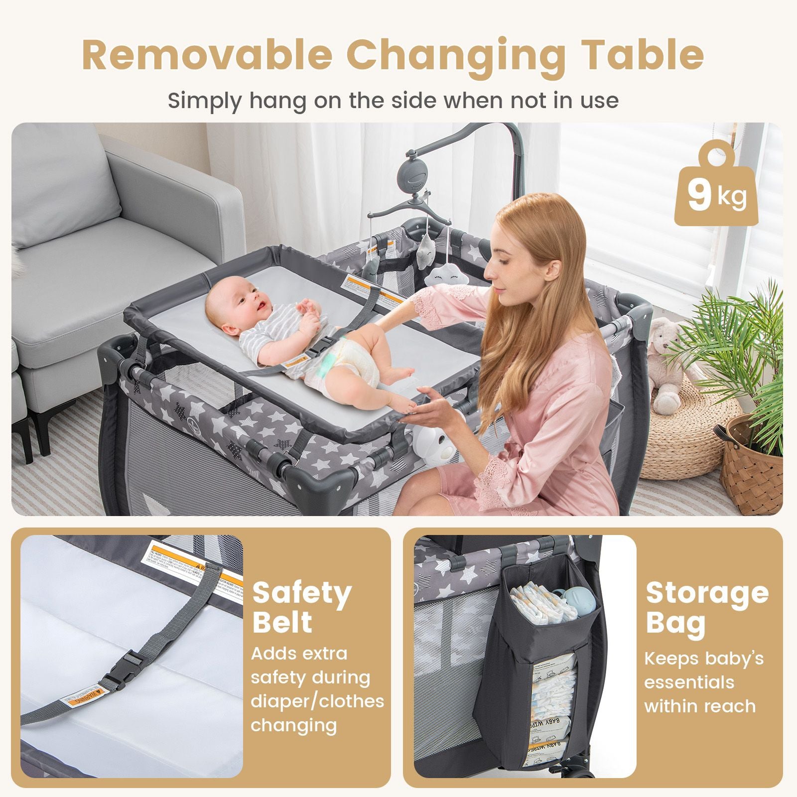 3-In-1 Multifunctional Foldable Baby Bassinet with Carry Bag and Wheels