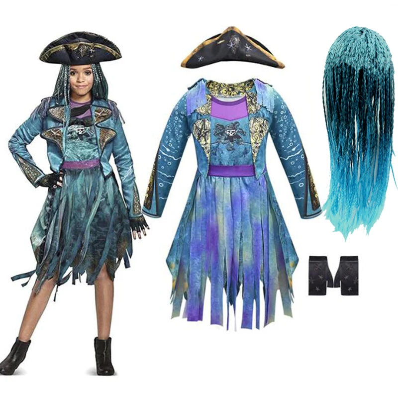 Descendants 3 Mal Bertha Maleficent Curls Live Evil Straight Blue Kids Girls Cosplay Cap Dress Halloween Costume for Kids Wig