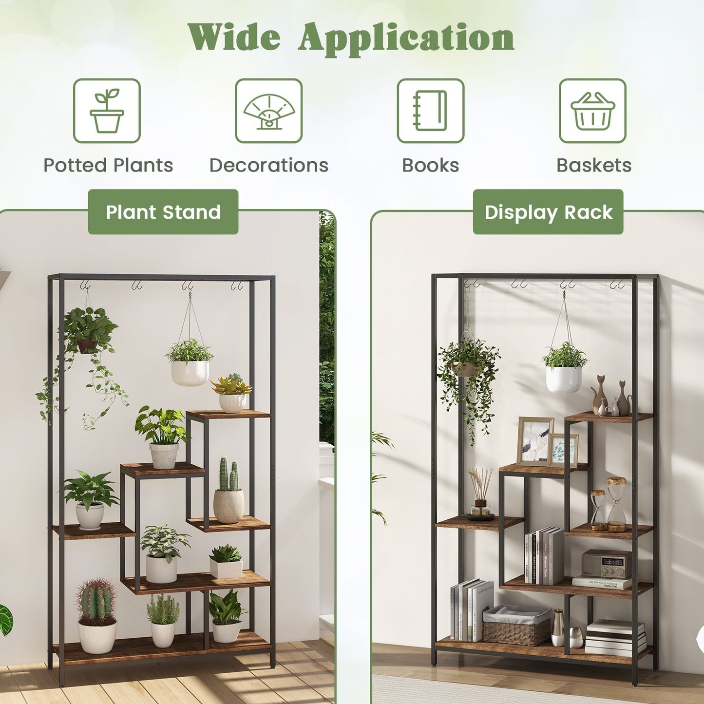 6-Tier Tall Plant Stand with 10 Hanging Hooks and Wire Shelf for Multiple Plants