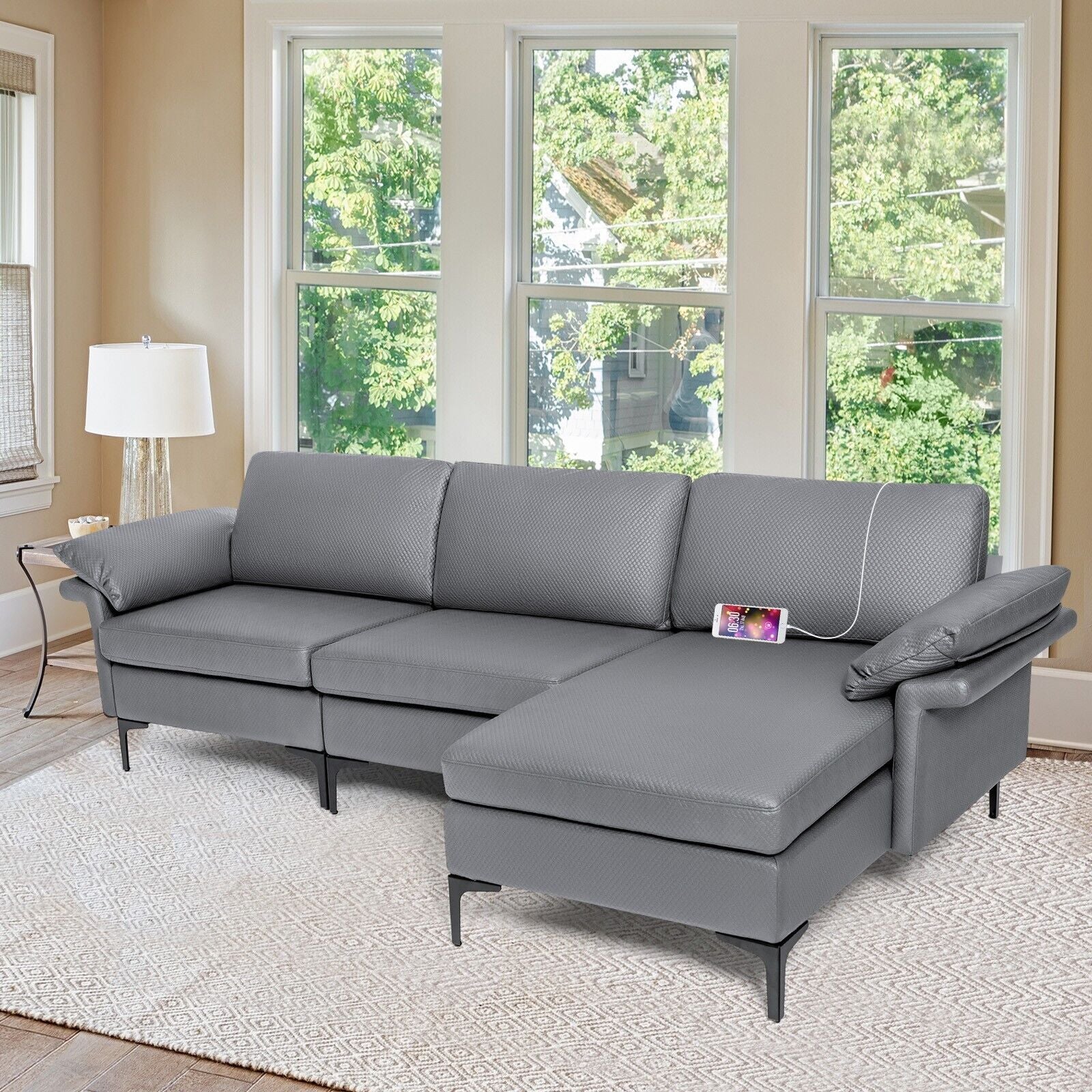 L-Shaped 3-Seat Upholstered Sectional Sofa