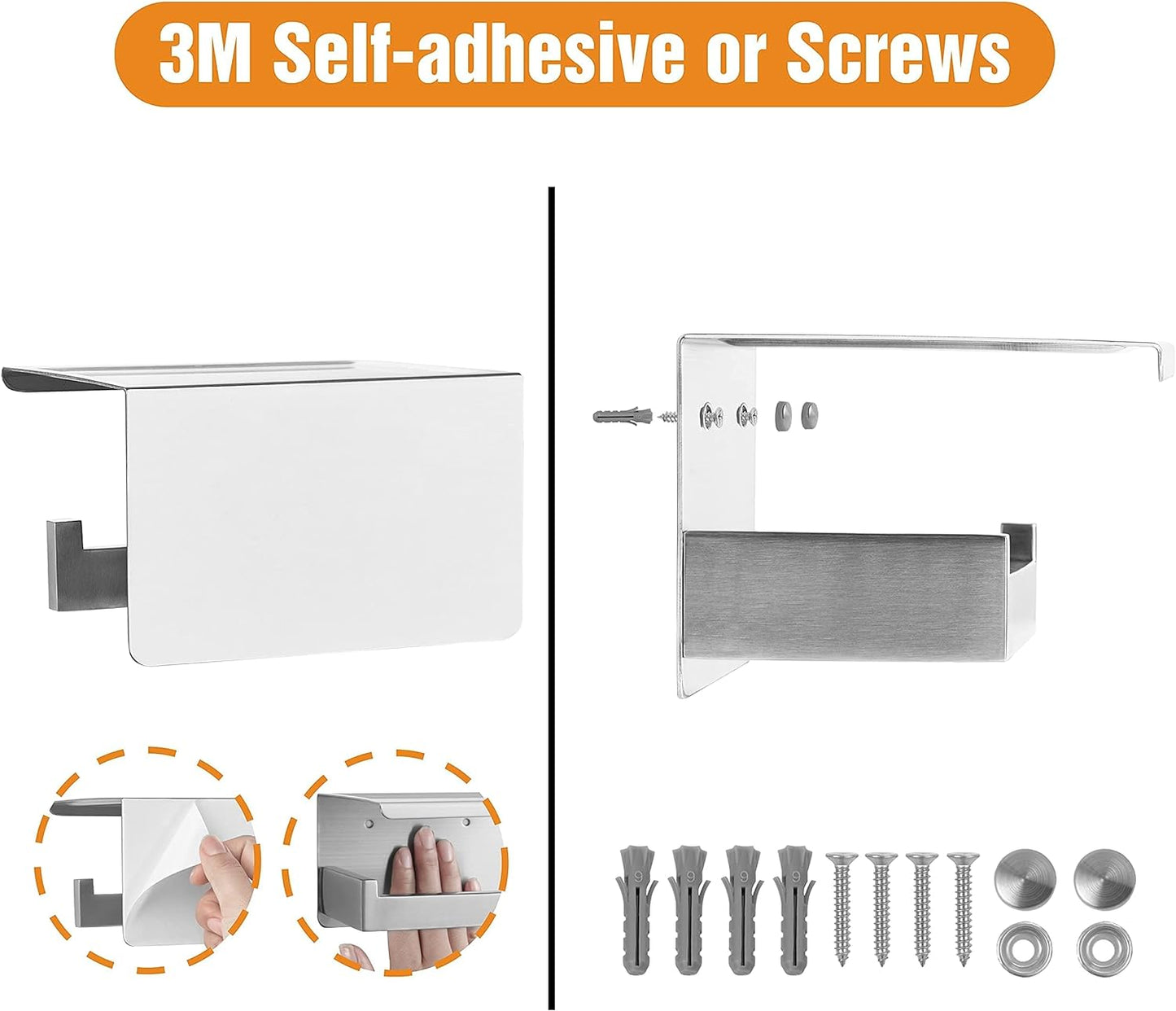 Brushed Nickel Toilet Paper Holder, Stick on Silver Toilet Paper Holder with Shelf, Self Adhesive No Drill or Wall-Mount with Screws for Bathroom