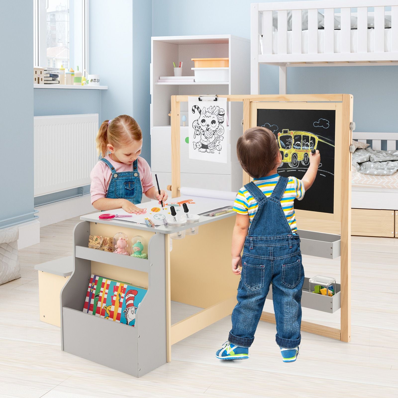 Kids Art Easel Table and Bench Set with Adjustable Easel and Bookshelf