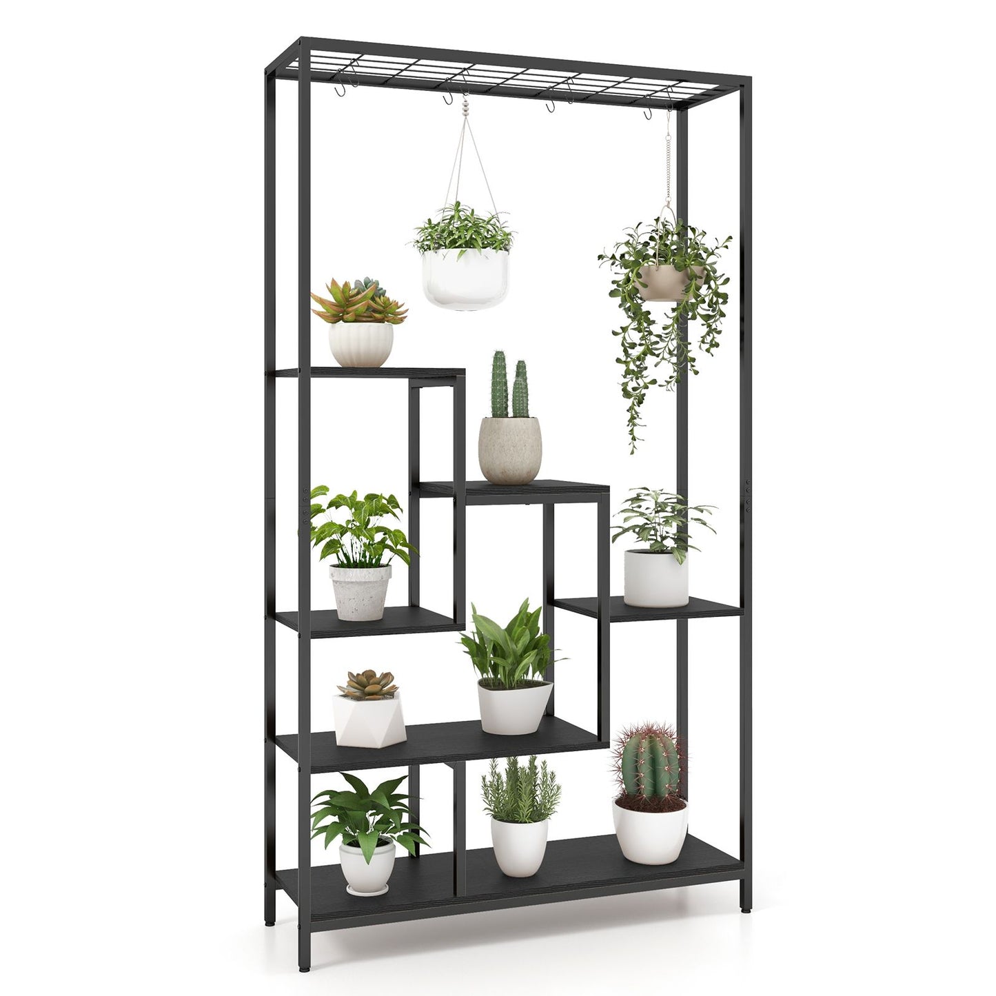 6-Tier Tall Plant Stand with 10 Hanging Hooks and Wire Shelf for Multiple Plants