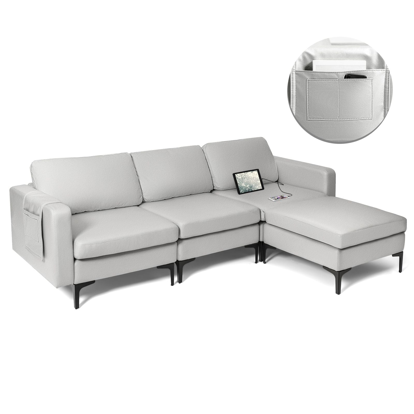 Modular L-Shaped Sofa with Chaise, Reversible Ottoman, Built-In Socket