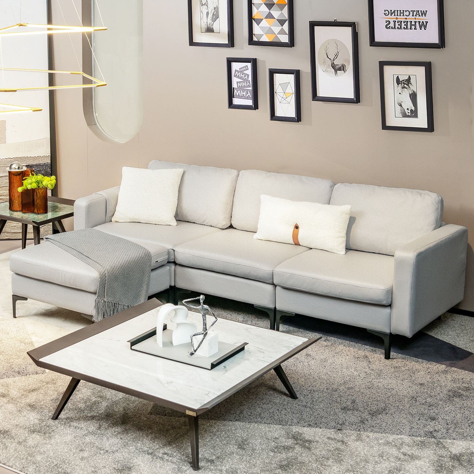 Modular L-Shaped Sofa with Chaise, Reversible Ottoman, Built-In Socket