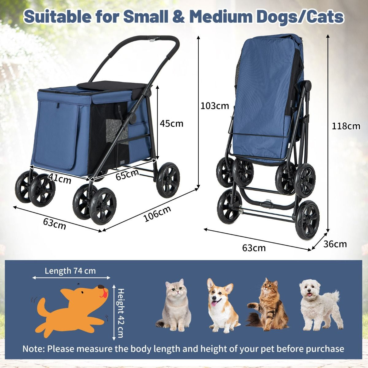 Folding Pet Stroller with Pockets and Skylight for Small Medium Pets