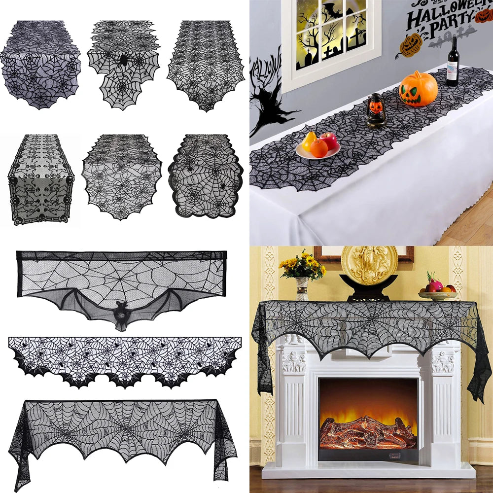 Halloween Lace Spider Web Table Runner Tablecloth Halloween Black Fireplace Mantel Cover for Home Party Halloween Decoration