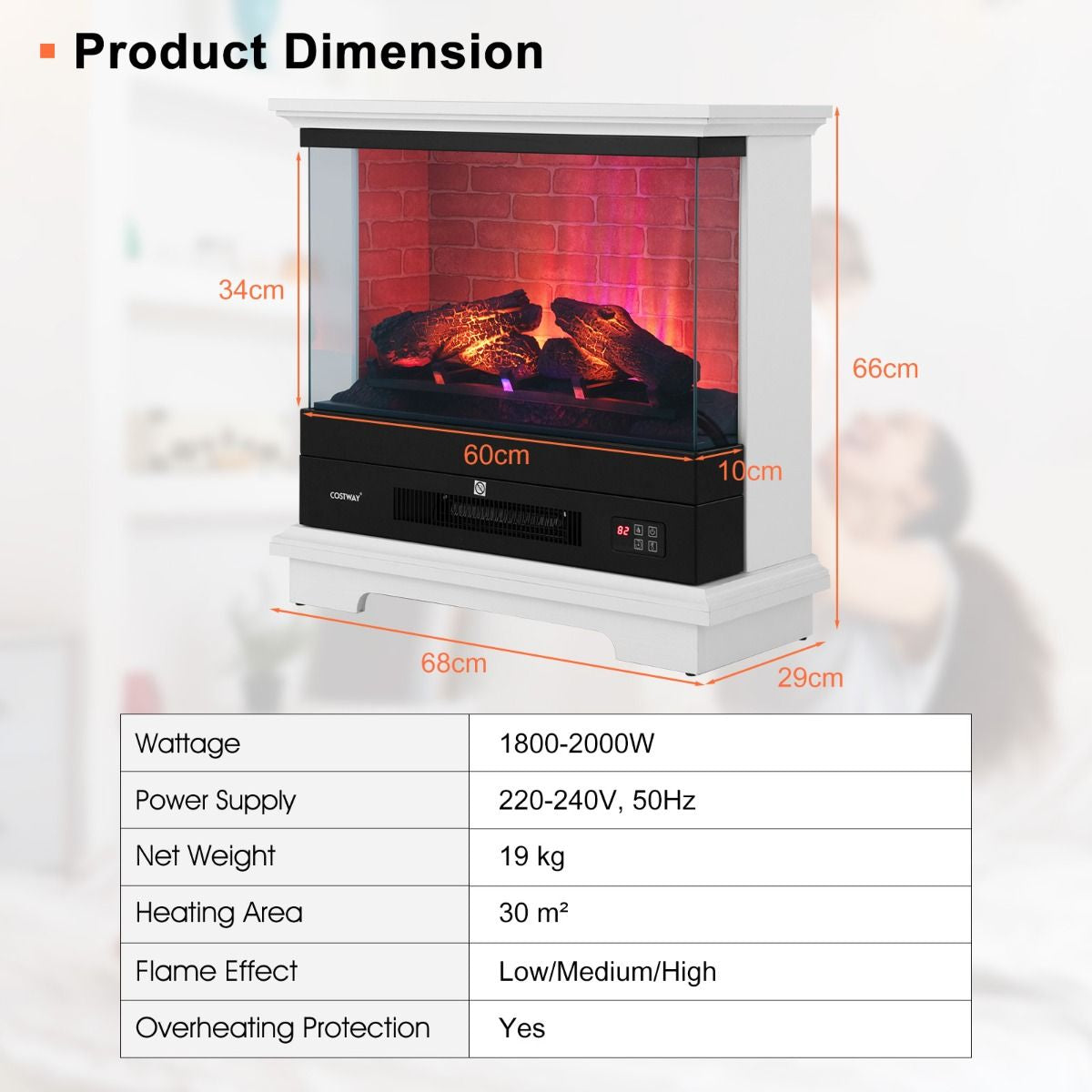 2000W Electric Fireplace Heater with 3-Level Vivid Flame