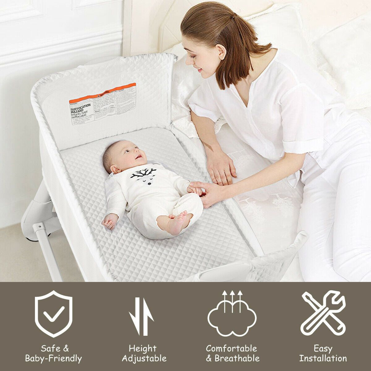 Baby Bedside Cot with Washable Mattress and Breathable Mesh