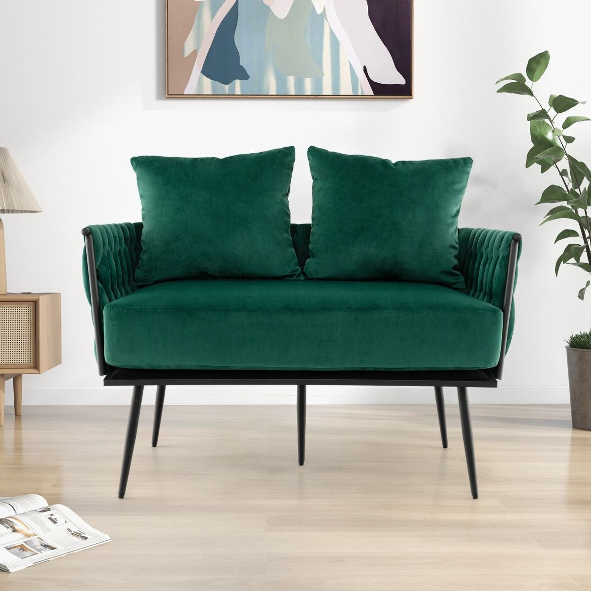 Modern Loveseat Sofa with Woven Back and Arms