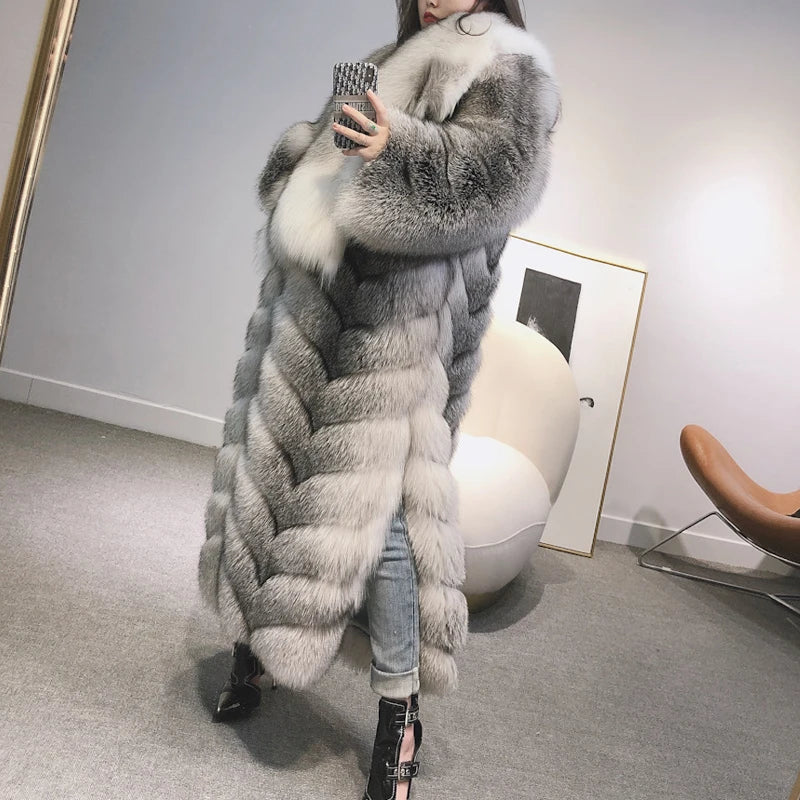 Ladies Long Fur Coat Hooded Women Real Fox Fur Jacket Long New Arrival Long Fur Coat 22-09